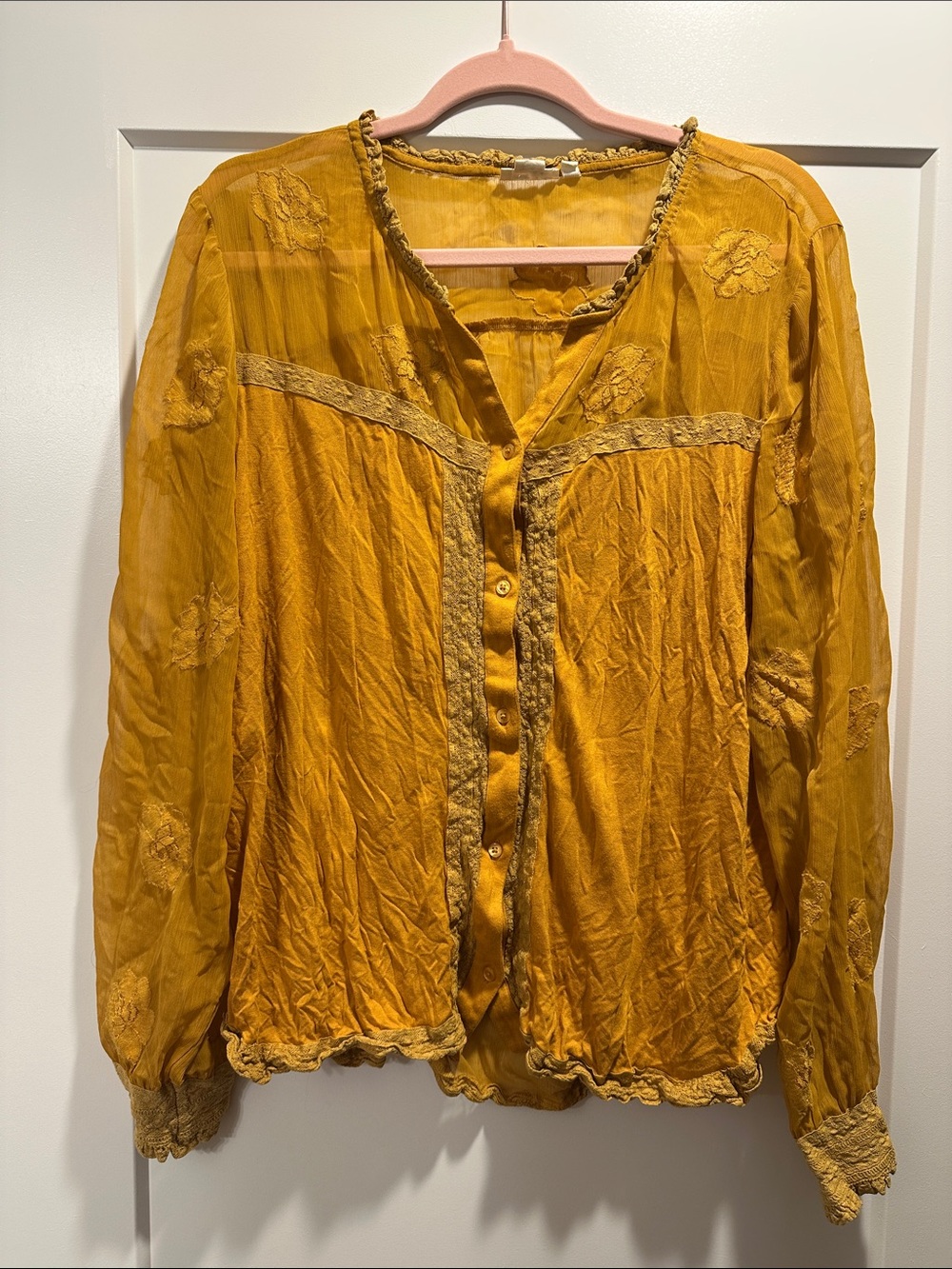 Meadow Rue Mustard Button-Front Embroidered Blouse